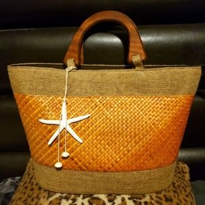 HAWAIIAN LAUHALA STRAW WOVEN HANDBAG W/STARFISH NWOT LARGE
